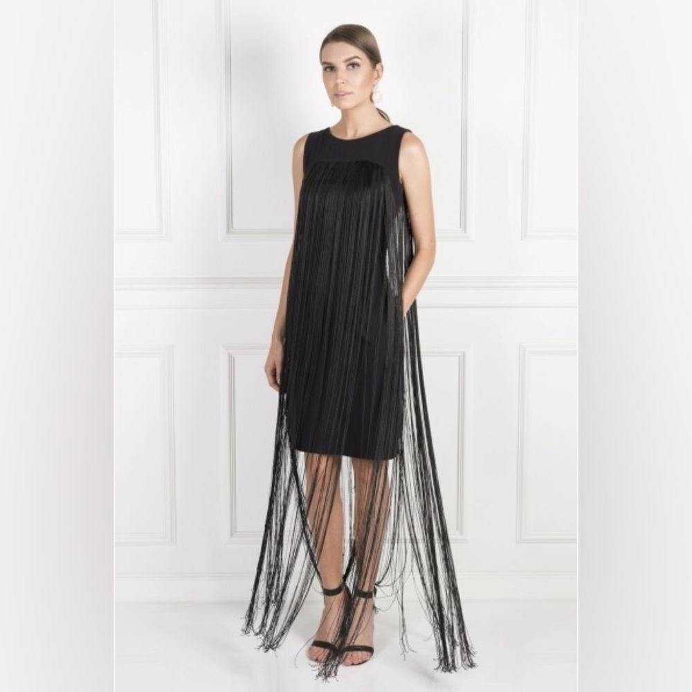 ALEXIS Designer Fringe Tassel Little Black Mini boho Dress Sleeveless Small